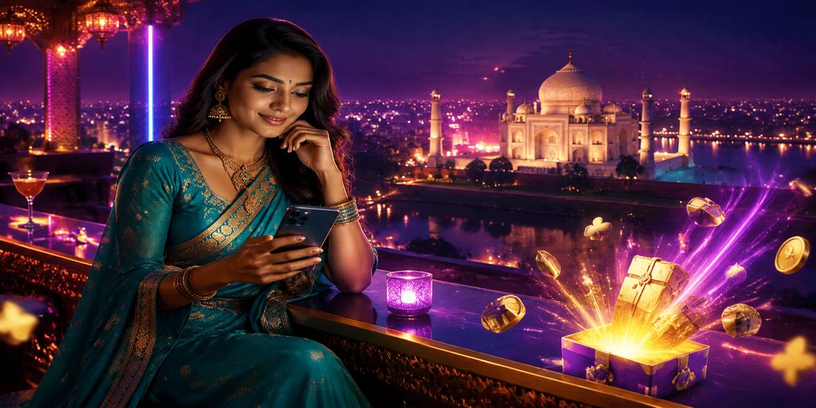 Night view of Taj Mahal with colorful lights and festive saree fashion